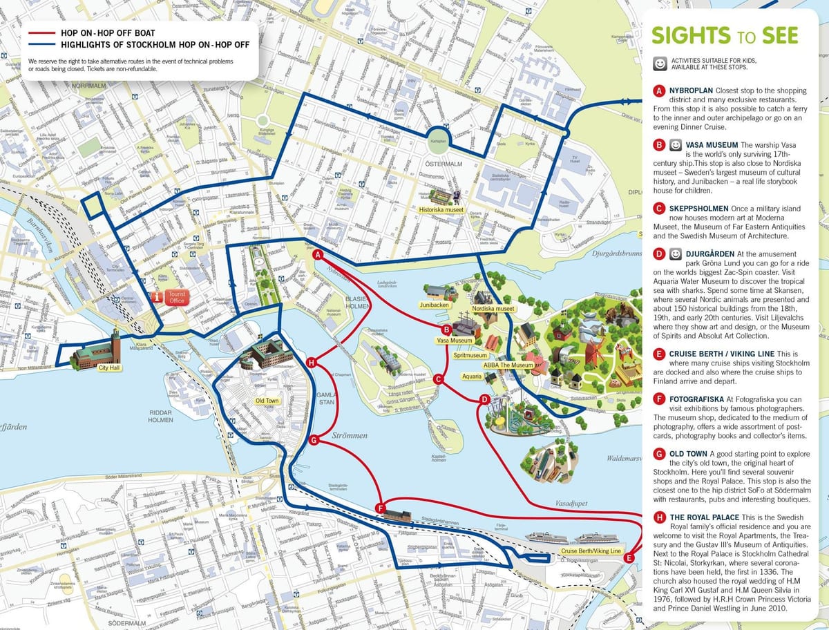 Stockholm hop on hop off čoln zemljevid